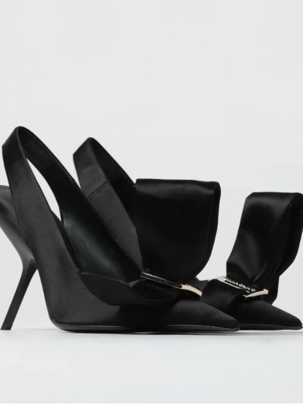 Salvatore Ferragamo Black Satin Pointed Slingback Heels with Bow Detail